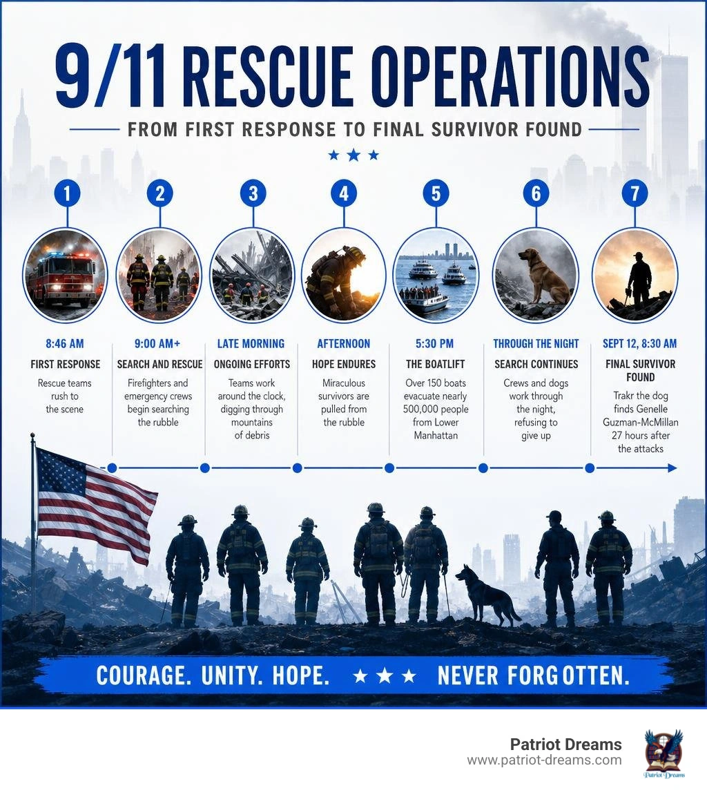 Timeline infographic of 9/11 rescue operations from first response to boatlift to final survivor found infographic Timeline infographic of 9/11 rescue operations from first response to boatlift to final survivor found infographic