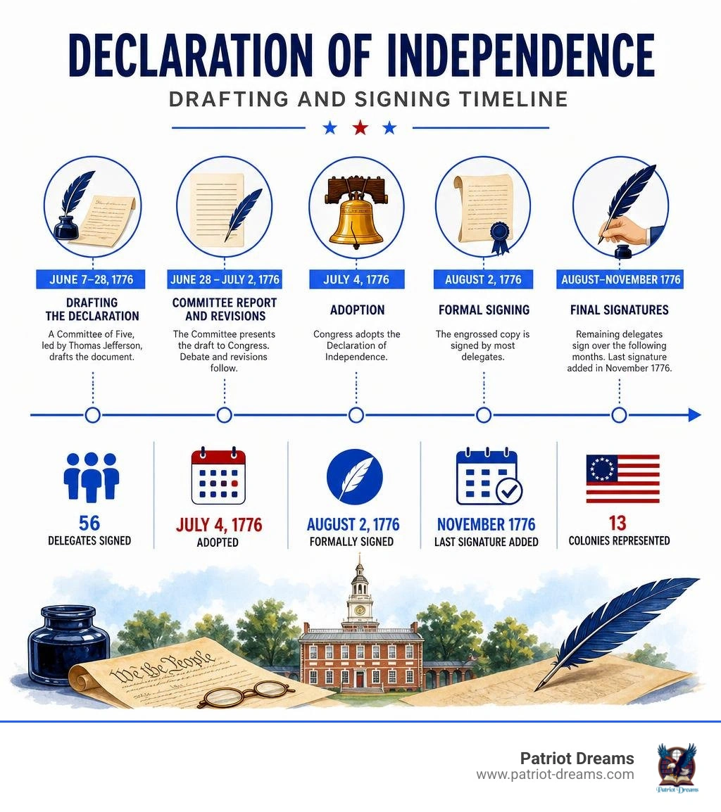 Timeline of the Declaration of Independence drafting and signing process from June 1776 to November 1776 infographic