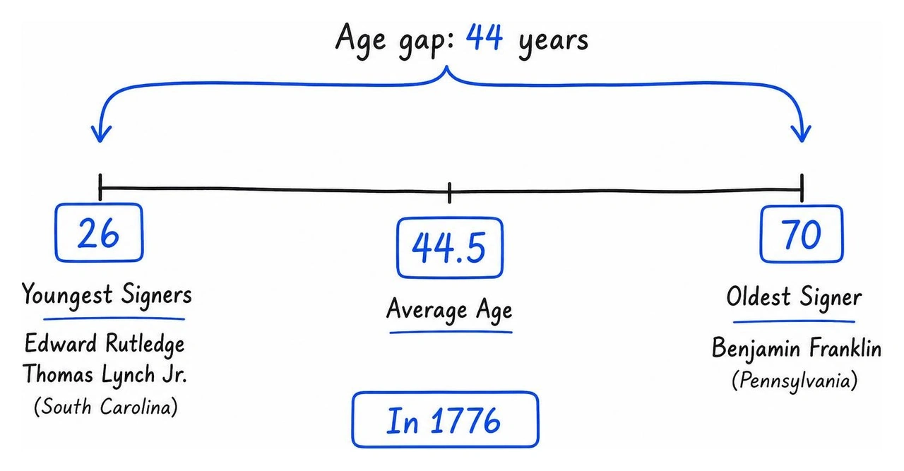 A hand-drawn style timeline showing the age gap between the youngest and oldest signers in 1776