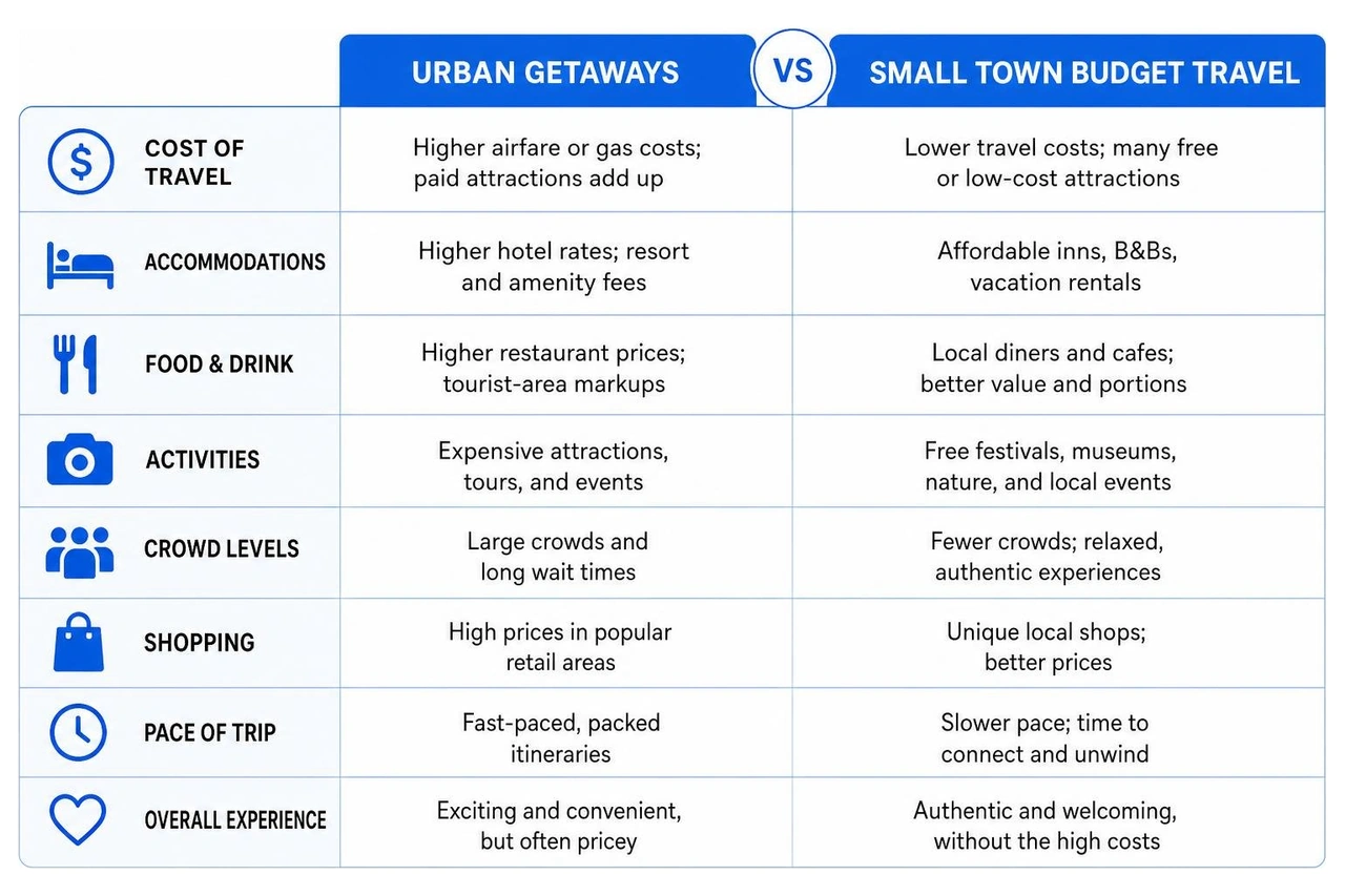 Comparison diagram showing the features of urban getaways versus small town budget travel Comparison diagram showing the features of urban getaways versus small town budget travel