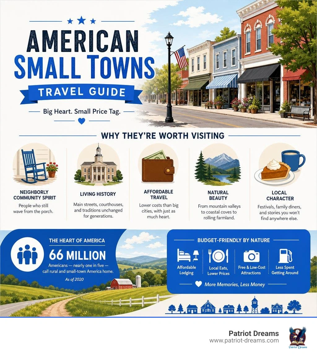 Budget-friendly American small towns travel guide infographic with key facts and appeal infographic Budget-friendly American small towns travel guide infographic with key facts and appeal infographic