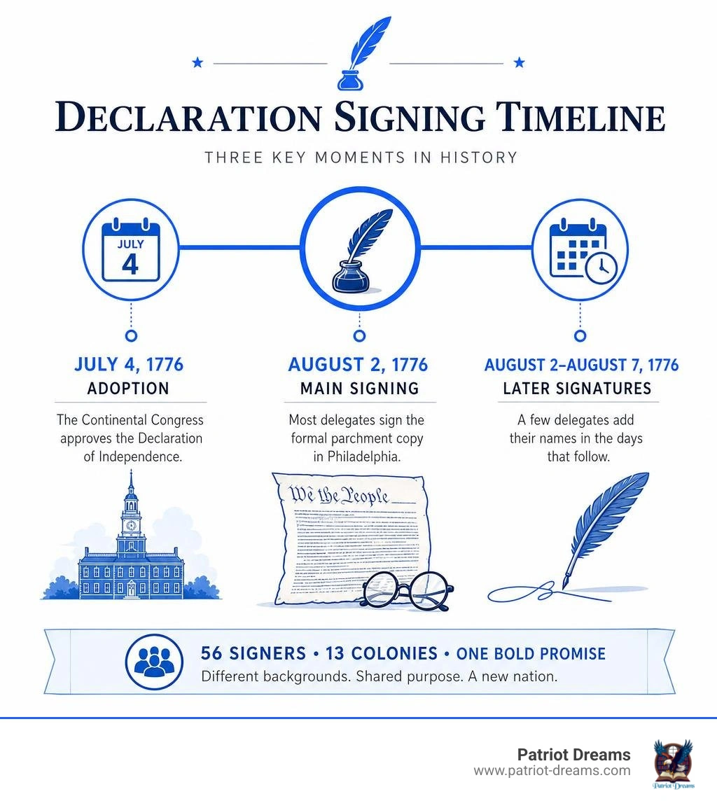 Declaration signing timeline: July 4 adoption, August 2 main signing, later signatures infographic