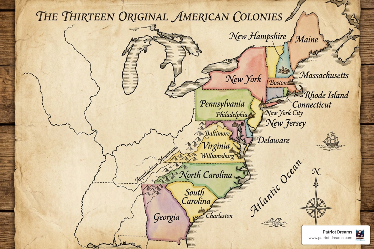 Historical map of 13 original colonies and delegate regions