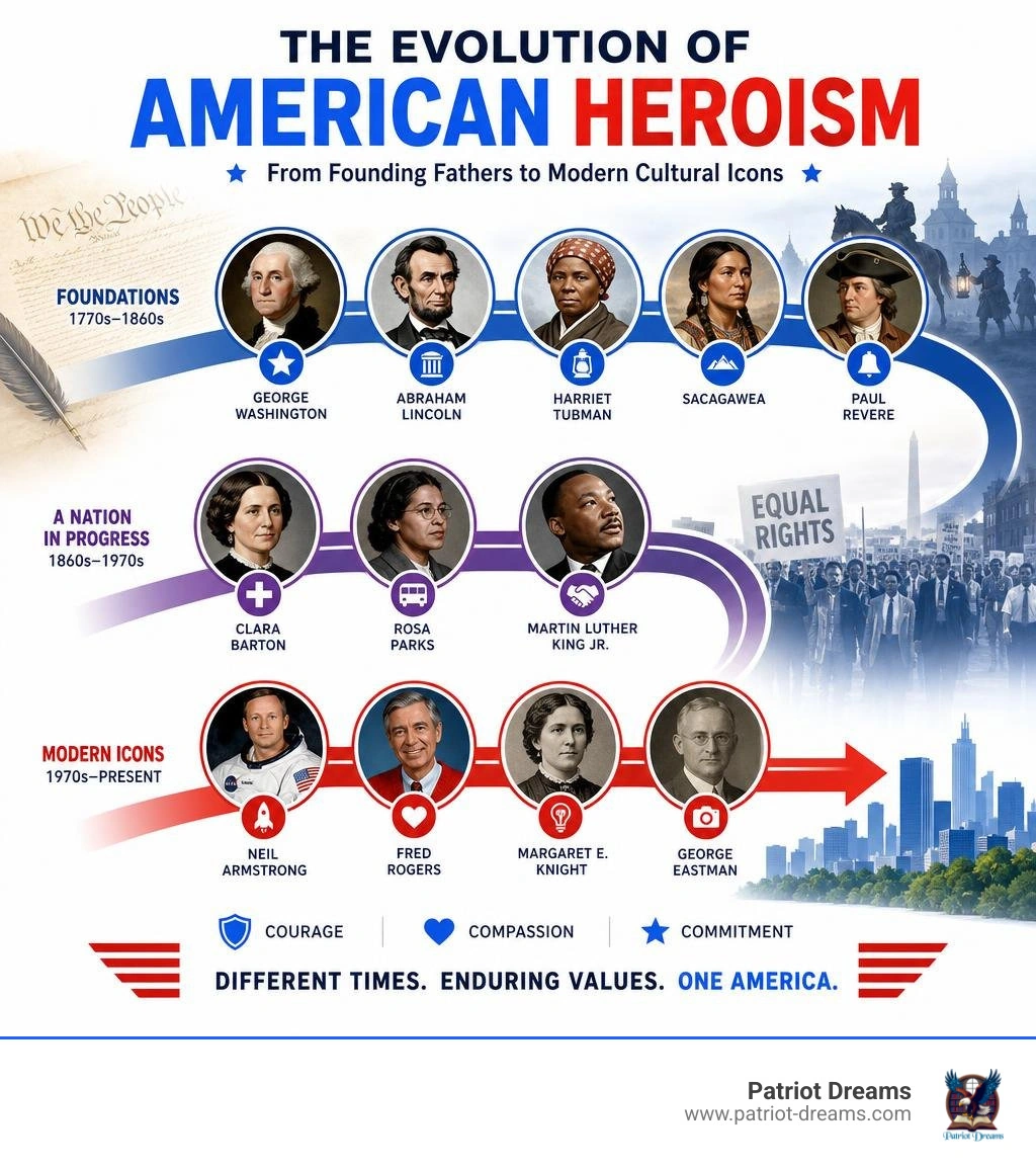 Evolution of American heroism from Founding Fathers to modern cultural icons across history infographic Evolution of American heroism from Founding Fathers to modern cultural icons across history infographic