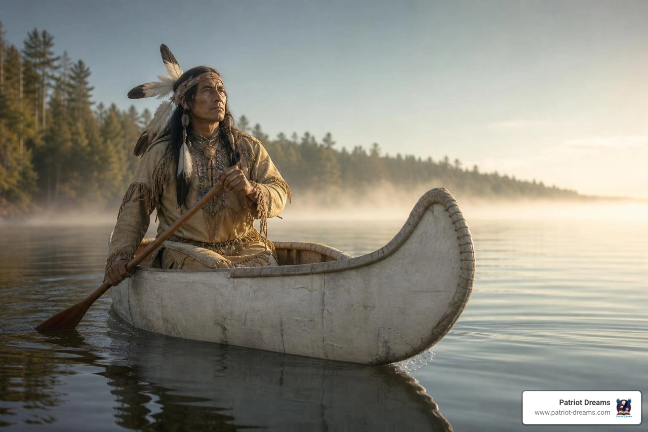 The Great Peacemaker paddling a white stone canoe across Lake Ontario The Great Peacemaker paddling a white stone canoe across Lake Ontario