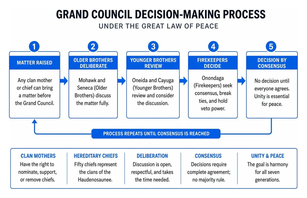 Diagram of the Grand Council decision making process under the Great Law of Peace Diagram of the Grand Council decision making process under the Great Law of Peace