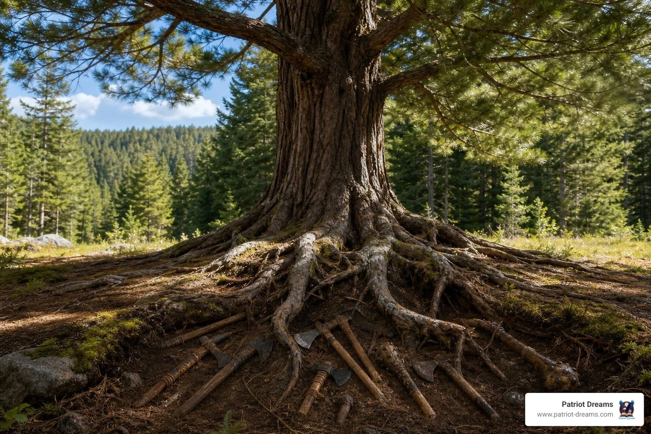 The Great Tree of Peace with weapons buried beneath its roots The Great Tree of Peace with weapons buried beneath its roots