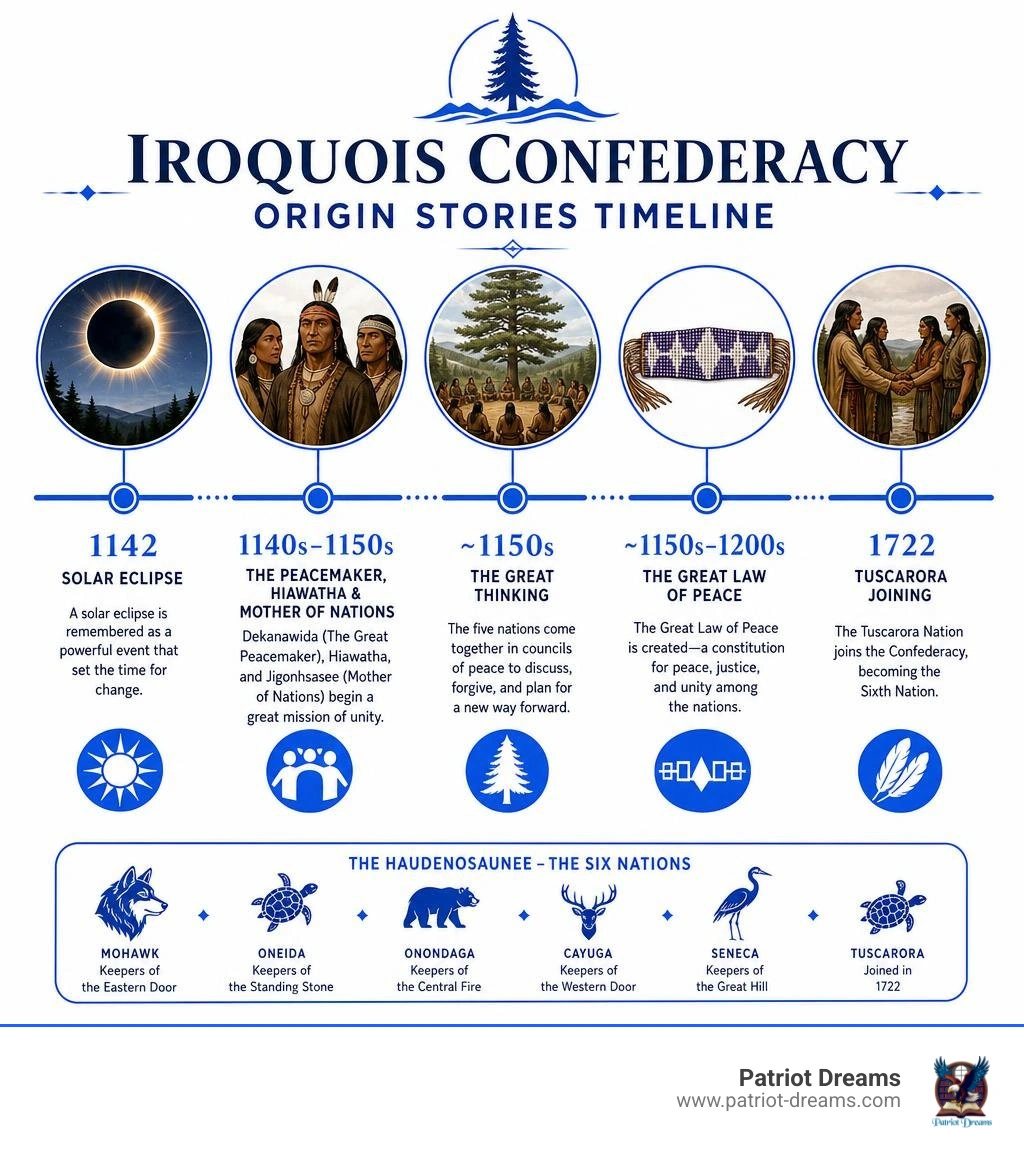 Timeline infographic of Iroquois Confederacy origin stories from 1142 solar eclipse to 1722 Tuscarora joining infographic Timeline infographic of Iroquois Confederacy origin stories from 1142 solar eclipse to 1722 Tuscarora joining infographic