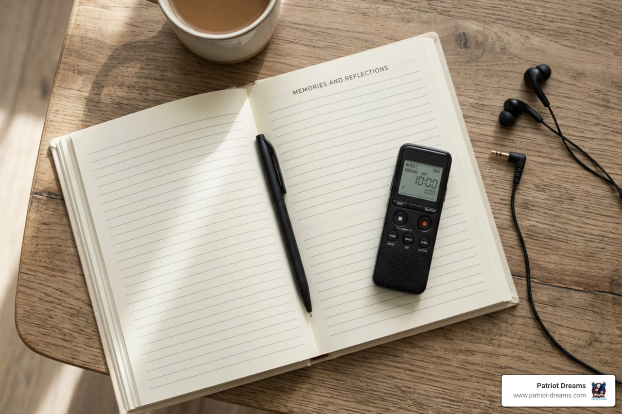 guided journal notebook sitting next to digital voice recorder