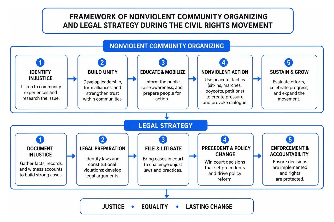 Framework of nonviolent community organizing and legal strategy during the civil rights movement Framework of nonviolent community organizing and legal strategy during the civil rights movement