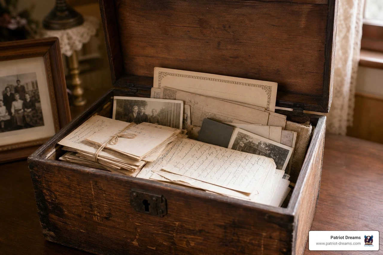 An old wooden chest filled with handwritten letters and family documents An old wooden chest filled with handwritten letters and family documents