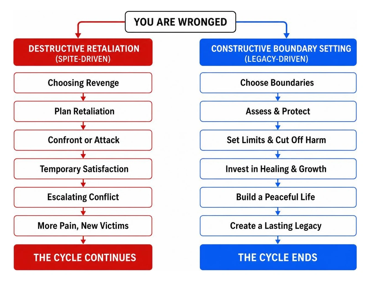 Diagram comparing the path of destructive retaliation versus constructive boundary setting Diagram comparing the path of destructive retaliation versus constructive boundary setting
