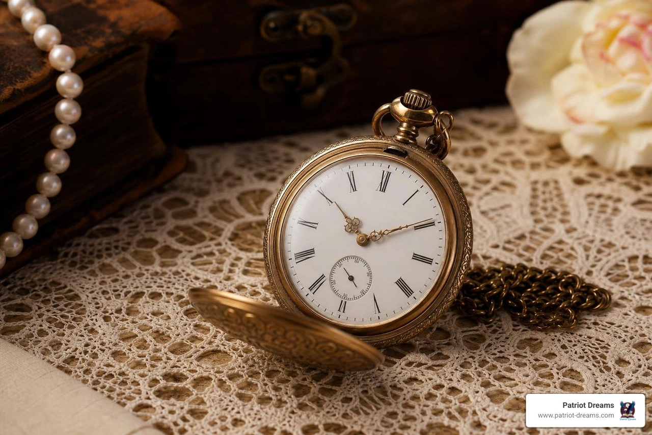 A beautiful vintage pocket watch resting on a lace tablecloth representing family legacy A beautiful vintage pocket watch resting on a lace tablecloth representing family legacy