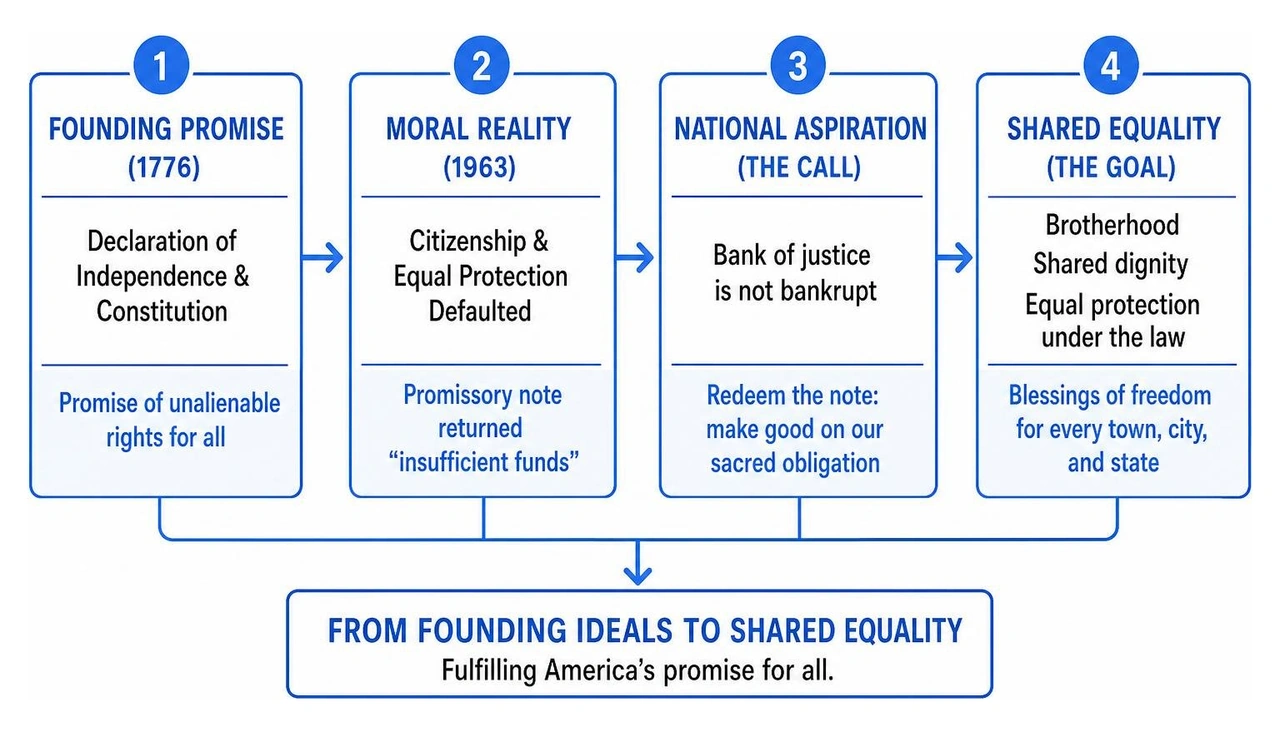 Flowchart of the promissory note framework from founding ideals to shared equality Flowchart of the promissory note framework from founding ideals to shared equality