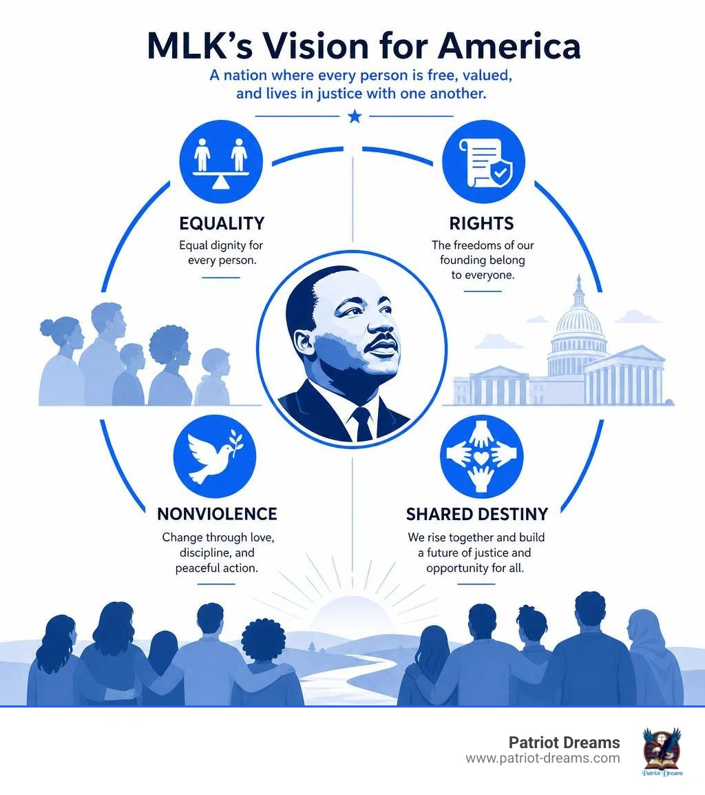 Infographic showing equality, rights, nonviolence, and shared destiny in MLK's vision infographic Infographic showing equality, rights, nonviolence, and shared destiny in MLK's vision infographic