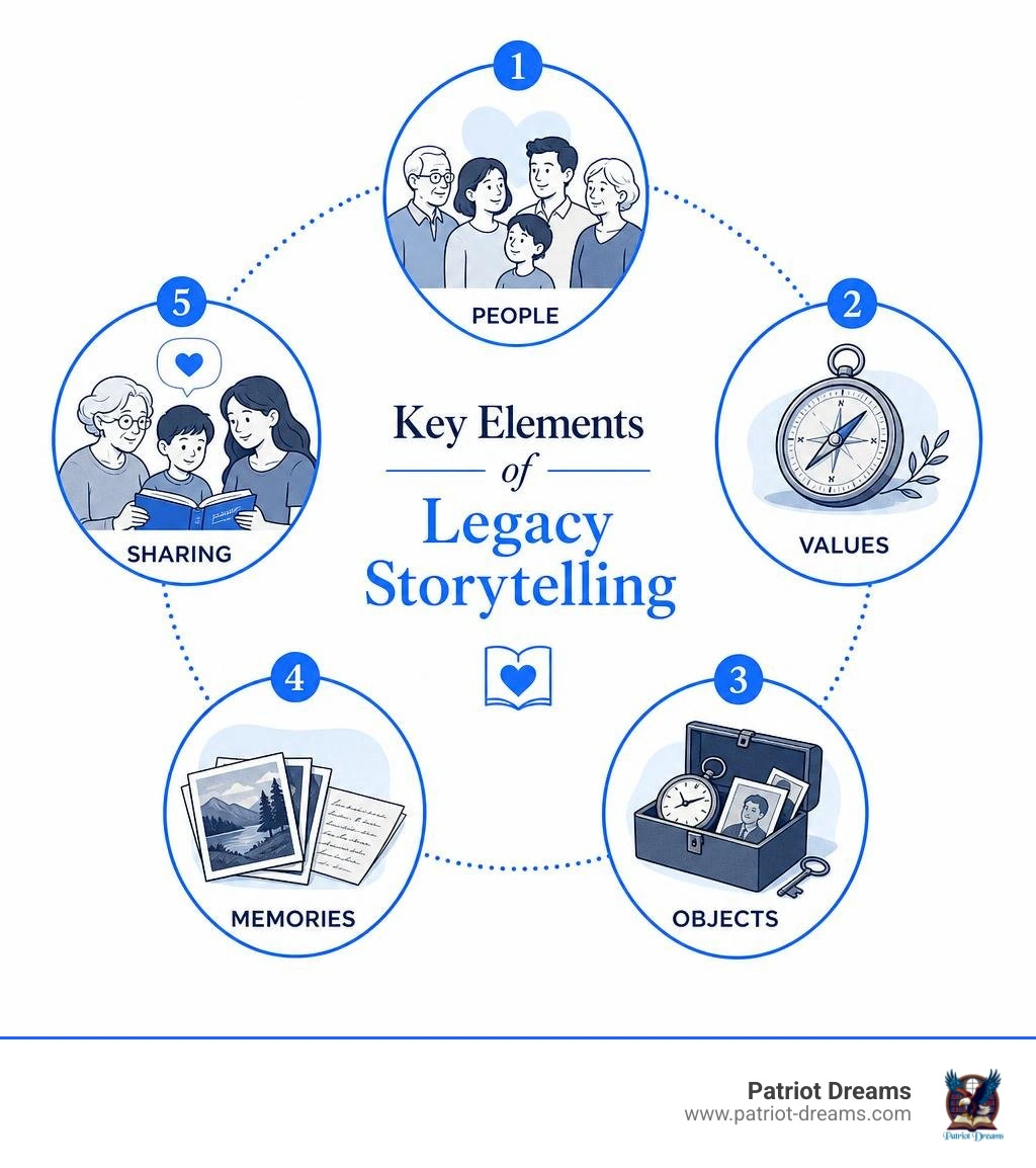 Key elements of legacy storytelling: people, values, objects, memories, and sharing infographic Key elements of legacy storytelling: people, values, objects, memories, and sharing infographic