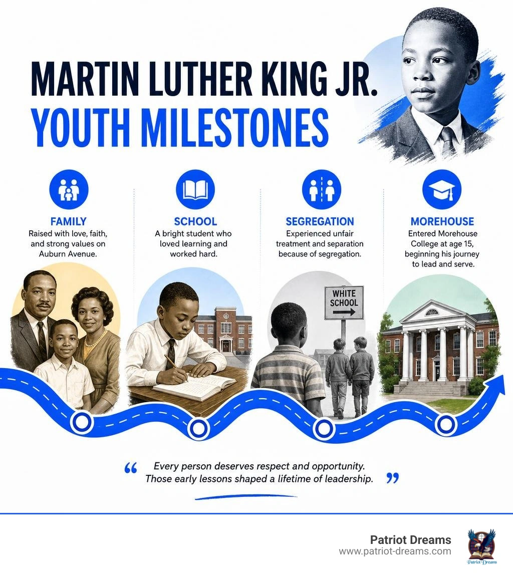 Martin Luther King Jr youth milestones: family, school, segregation, Morehouse infographic Martin Luther King Jr youth milestones: family, school, segregation, Morehouse infographic