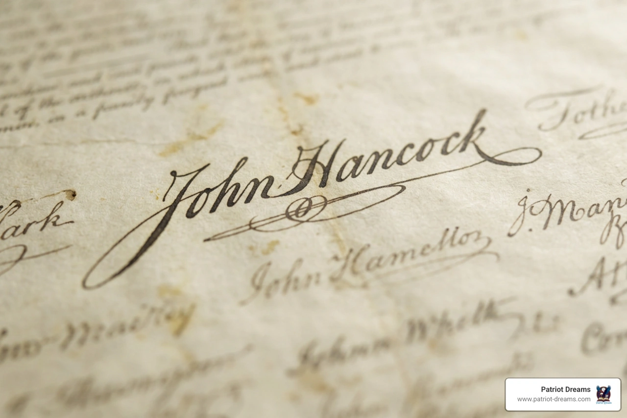 John Hancock signature on the Declaration of Independence parchment John Hancock signature on the Declaration of Independence parchment