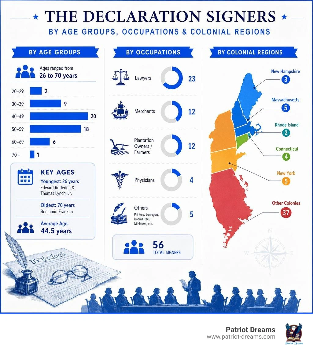 Comparison of signers by age groups, occupations, and colonial regions infographic Comparison of signers by age groups, occupations, and colonial regions infographic