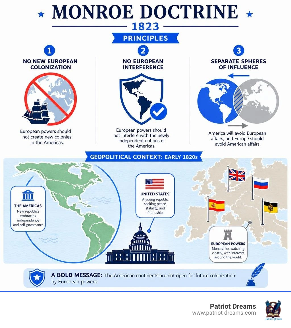 Monroe Doctrine 1823 principles and geopolitical context infographic Monroe Doctrine 1823 principles and geopolitical context infographic
