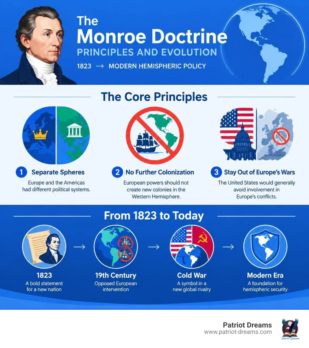 Monroe Doctrine principles and evolution from 1823 to modern hemispheric policy infographic Monroe Doctrine principles and evolution from 1823 to modern hemispheric policy infographic