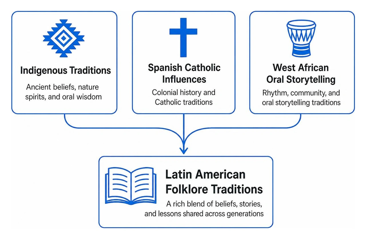 Three cultural roots blending into Latin American folklore traditions