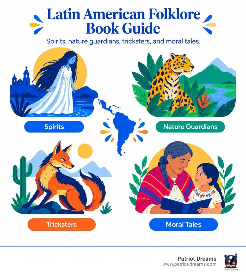 Latin American folklore book guide: spirits, nature guardians, tricksters, and moral tales infographic