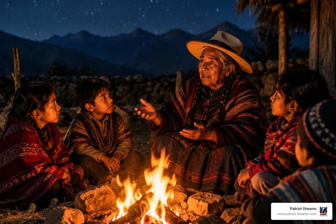 Elder indigenous storyteller sharing ancestral legends around an evening hearth