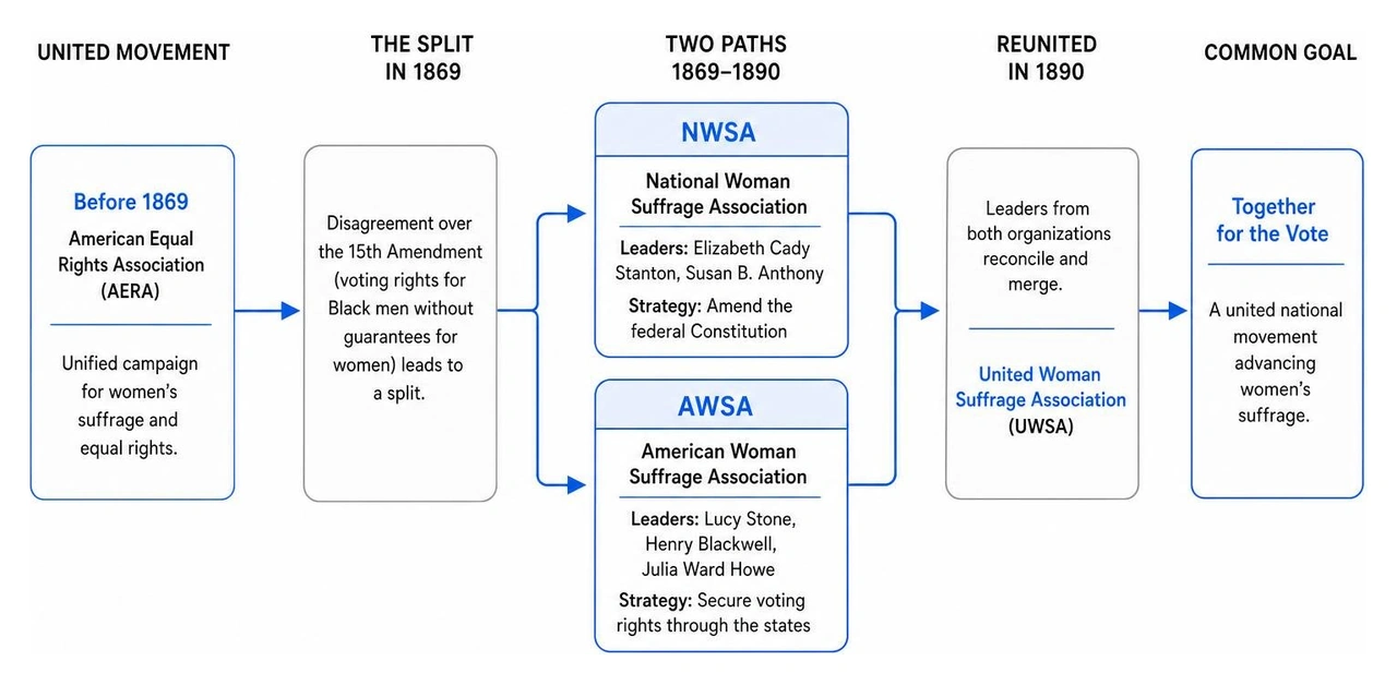 Diagram of the split and merger of the American Suffrage Movement Diagram of the split and merger of the American Suffrage Movement