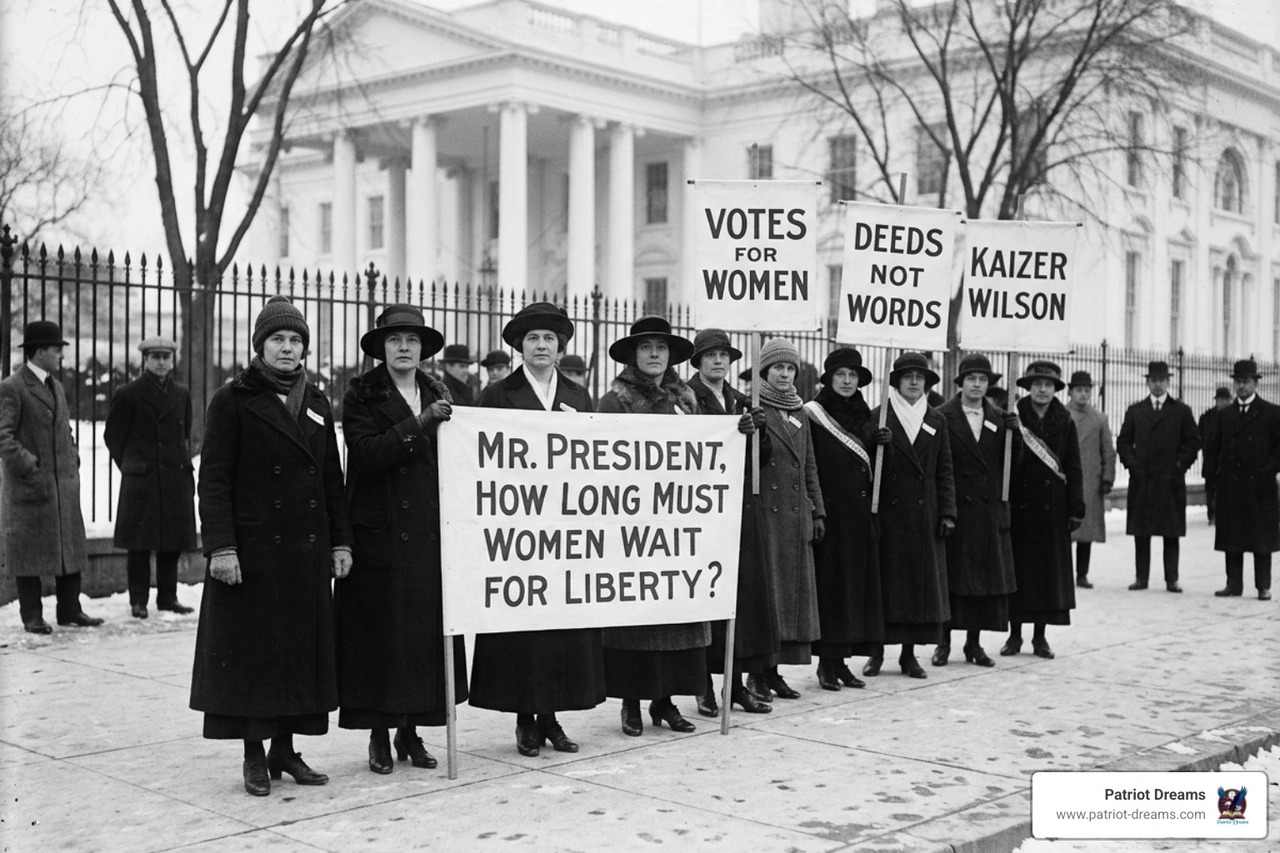 Silent Sentinels picketing the White House during World War I Silent Sentinels picketing the White House during World War I