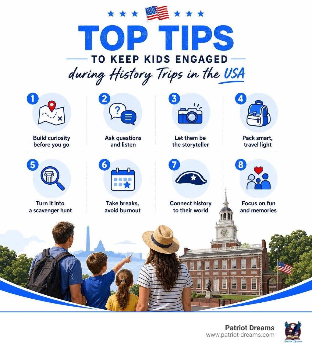 infographic showing top tips to keep kids engaged during history trips in the USA infographic infographic showing top tips to keep kids engaged during history trips in the USA infographic