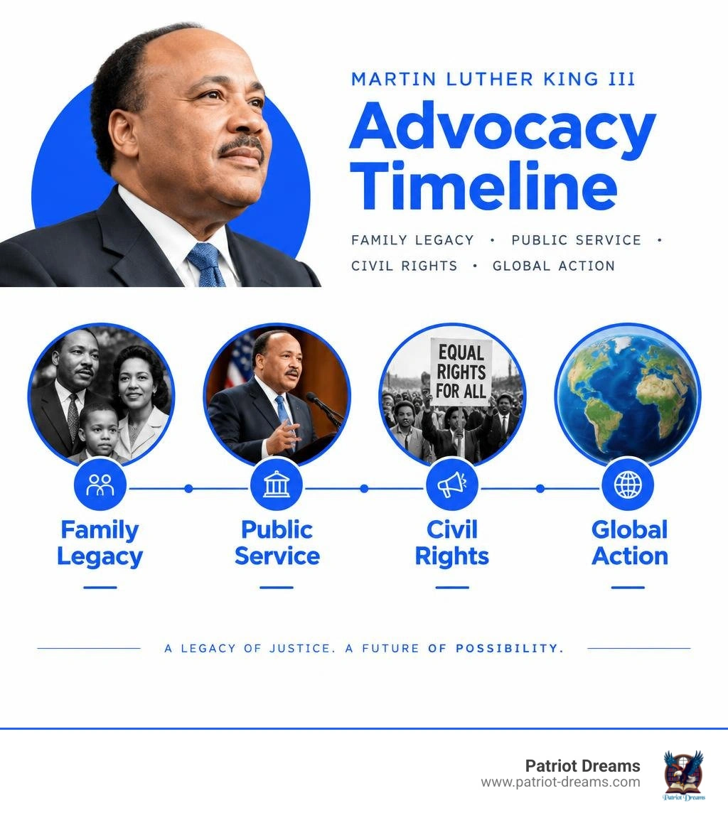 Martin Luther King III advocacy timeline: family legacy, public service, civil rights, global action infographic