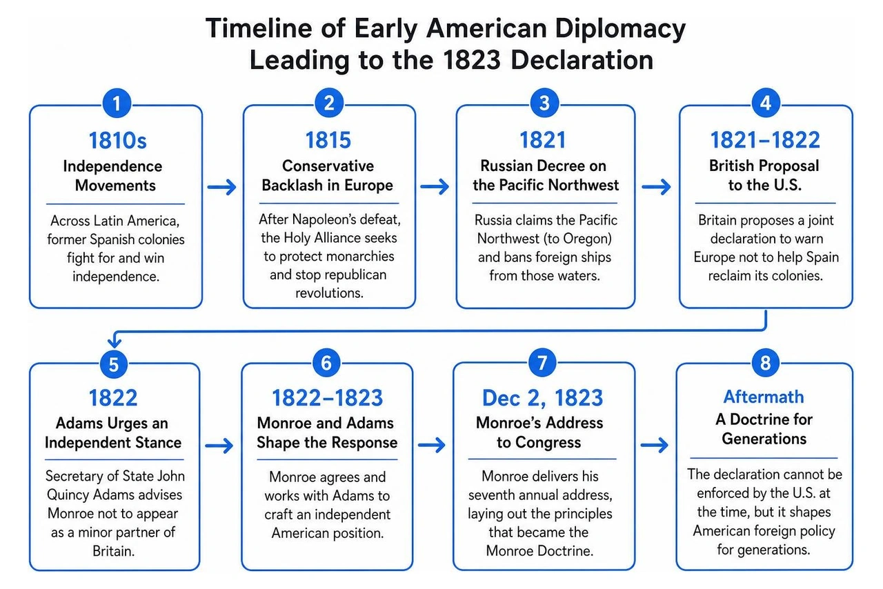 Timeline of early American diplomacy leading to the 1823 declaration Timeline of early American diplomacy leading to the 1823 declaration
