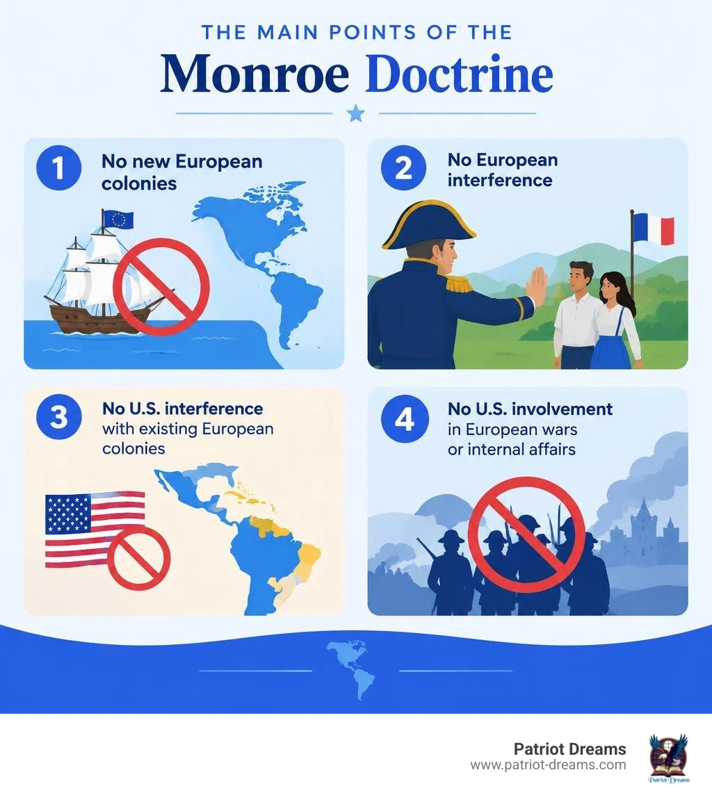 Four main points of the Monroe Doctrine: colonization, European interference, existing colonies, and European wars Four main points of the Monroe Doctrine: colonization, European interference, existing colonies, and European wars