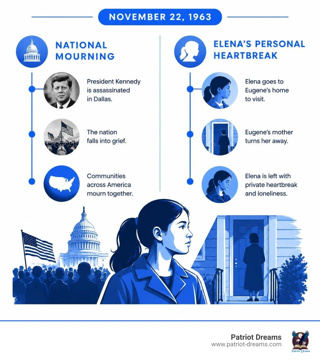 Two timelines showing national mourning and Elena's personal heartbreak on November 22, 1963 infographic Two timelines showing national mourning and Elena's personal heartbreak on November 22, 1963 infographic