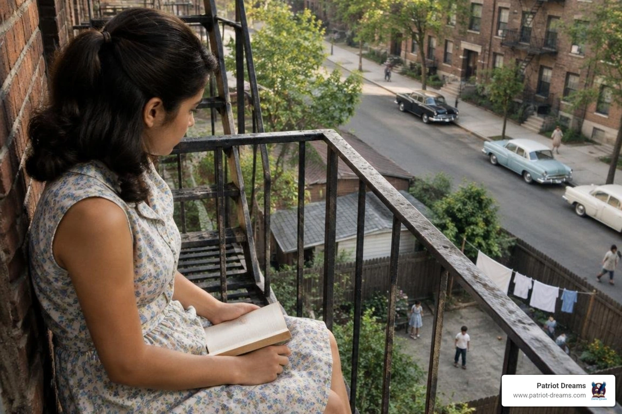 Elena observing the neighborhood from the apartment fire escape Elena observing the neighborhood from the apartment fire escape