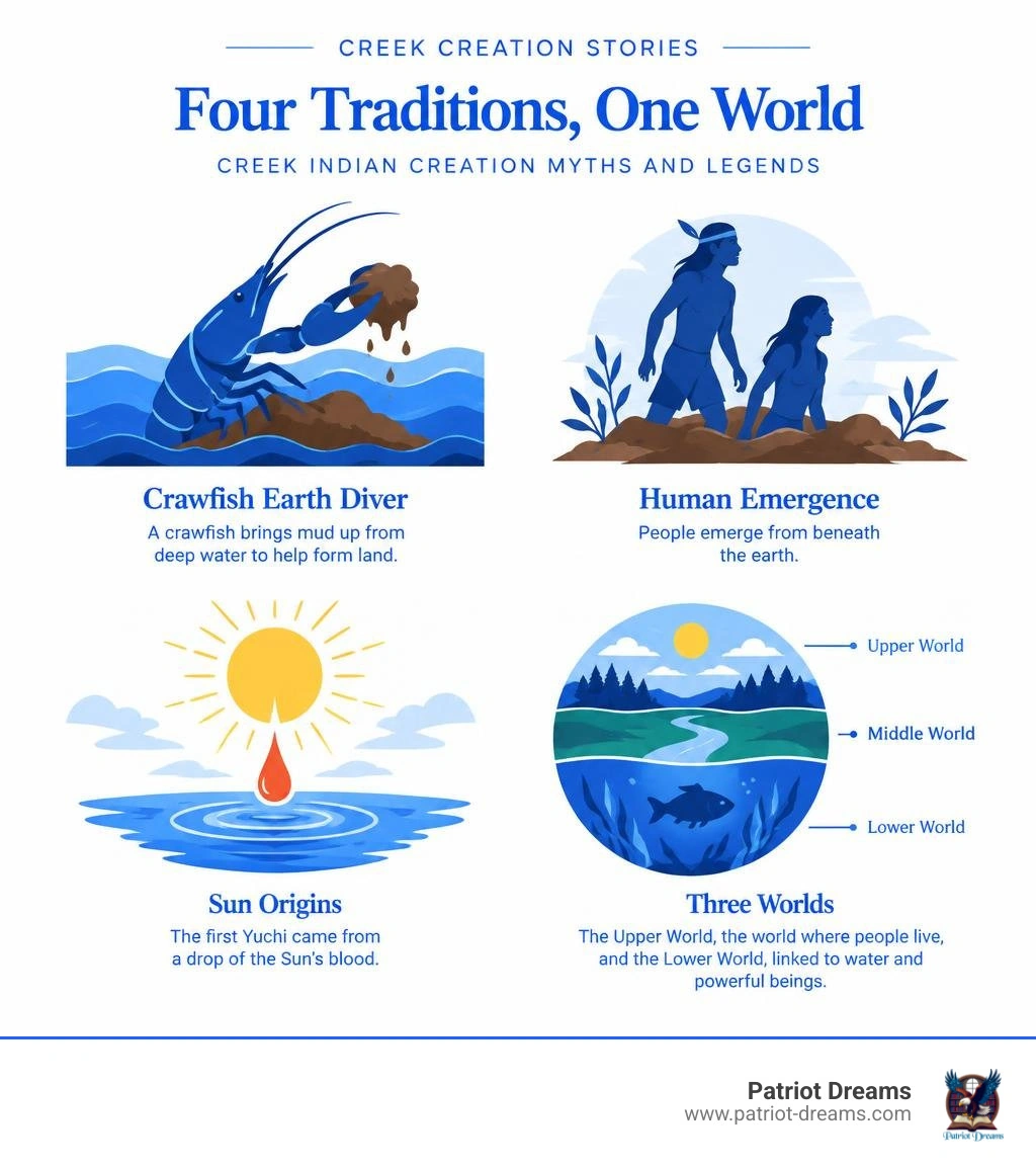 Creek creation stories: Crawfish earth diver, human emergence, Sun origins, and three worlds infographic Creek creation stories: Crawfish earth diver, human emergence, Sun origins, and three worlds infographic
