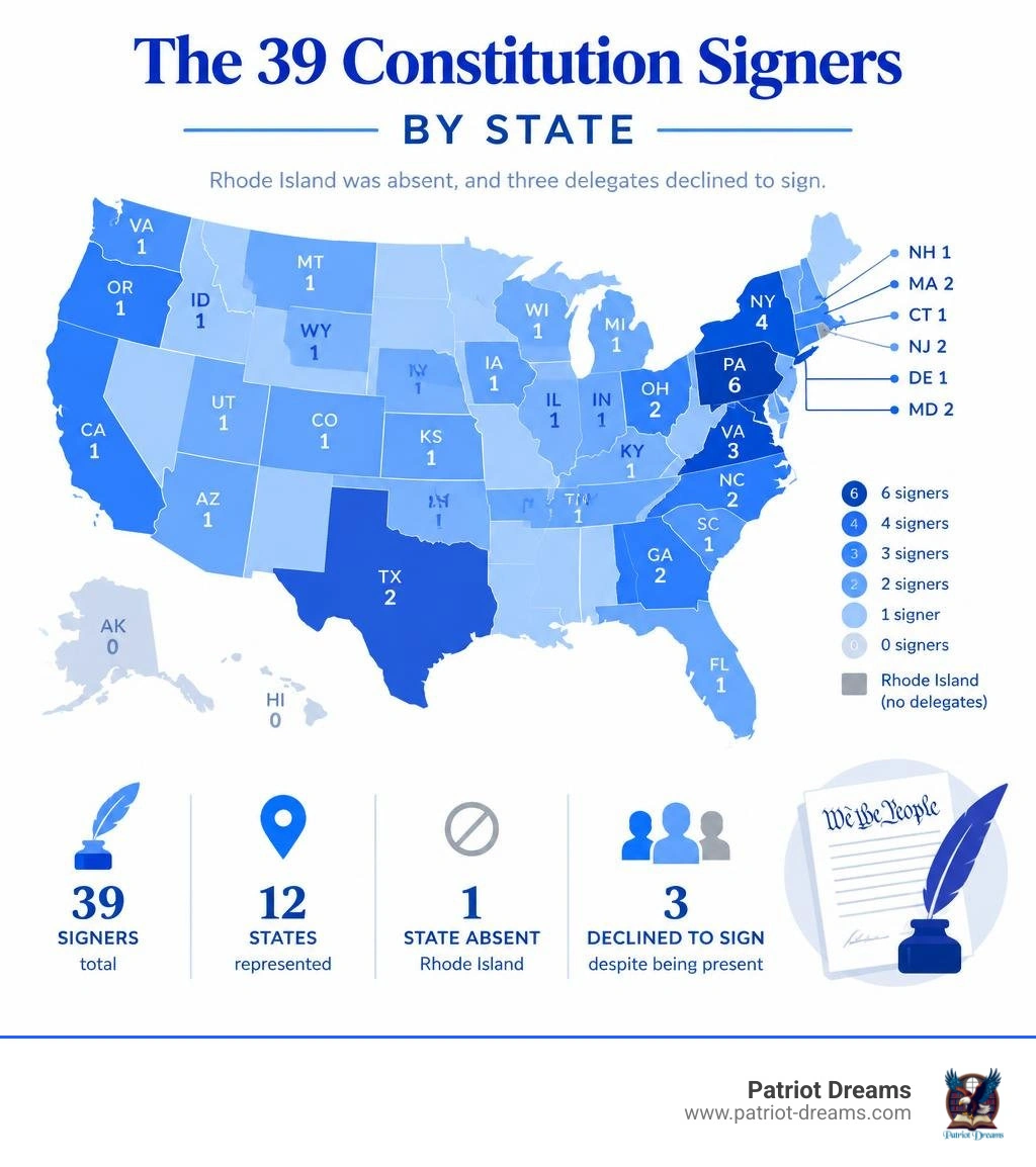The 39 Constitution signers by state, with Rhode Island absent and three delegates declining to sign infographic