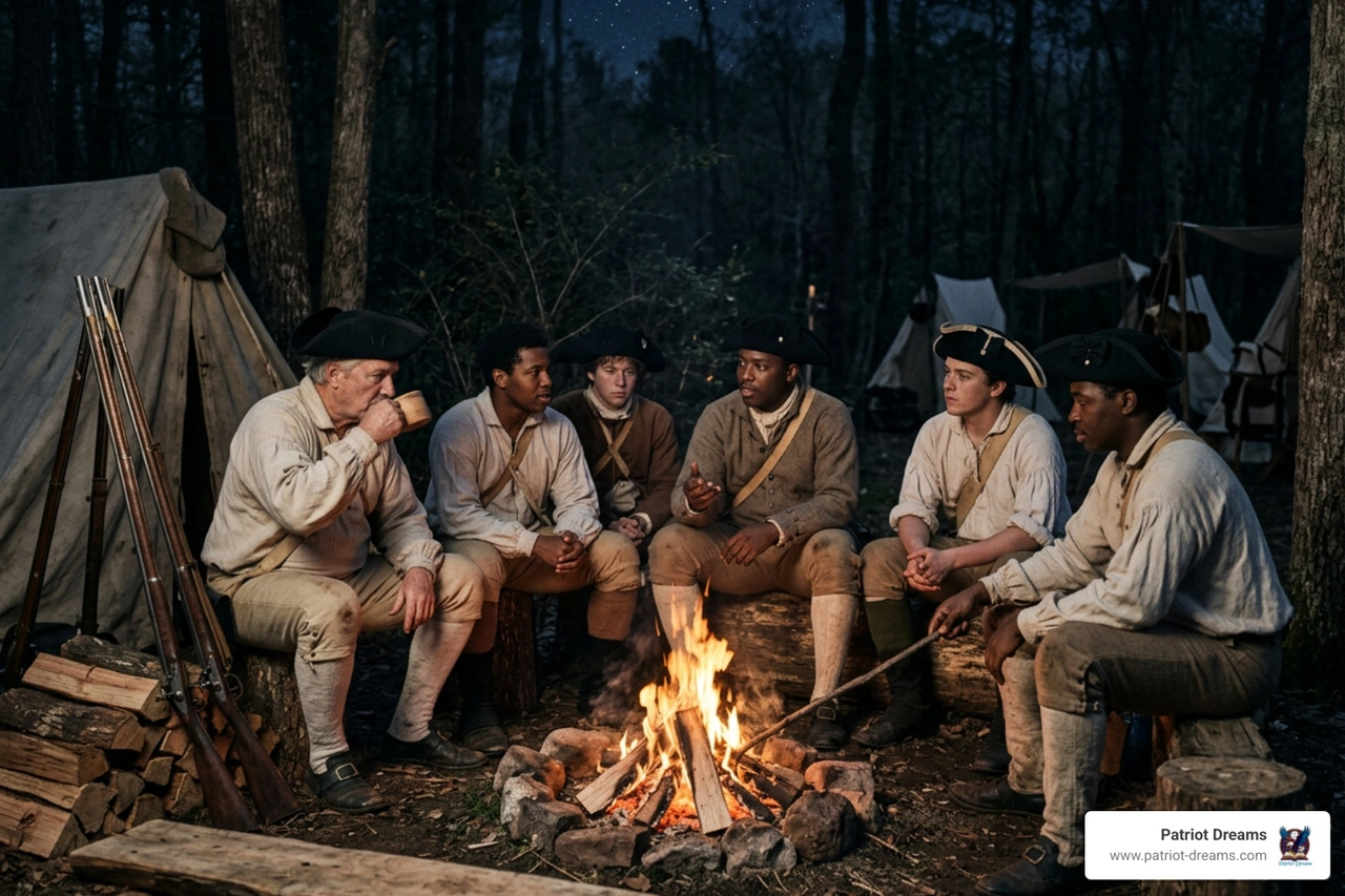 A diverse group of Continental soldiers sharing a quiet moment of unity around a warm campfire