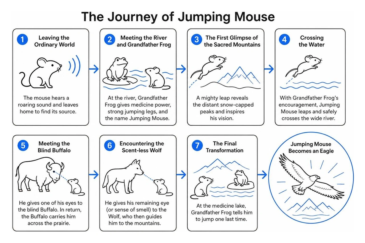 step by step progression of Jumping Mouse from ground dweller to soaring eagle