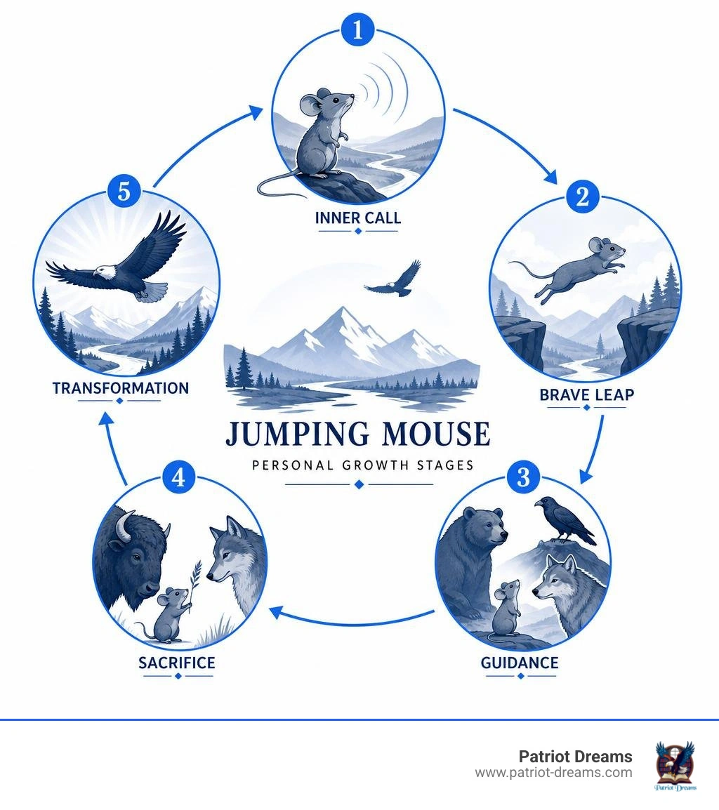 Jumping Mouse personal growth stages: inner call, brave leap, guidance, sacrifice, transformation infographic
