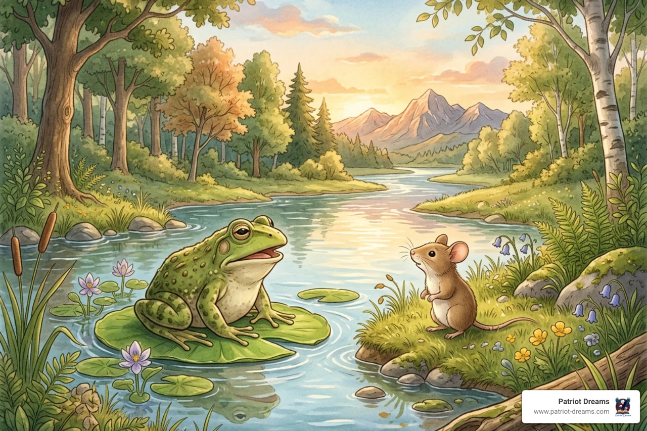 Grandfather Frog speaking to the curious mouse at the riverbank