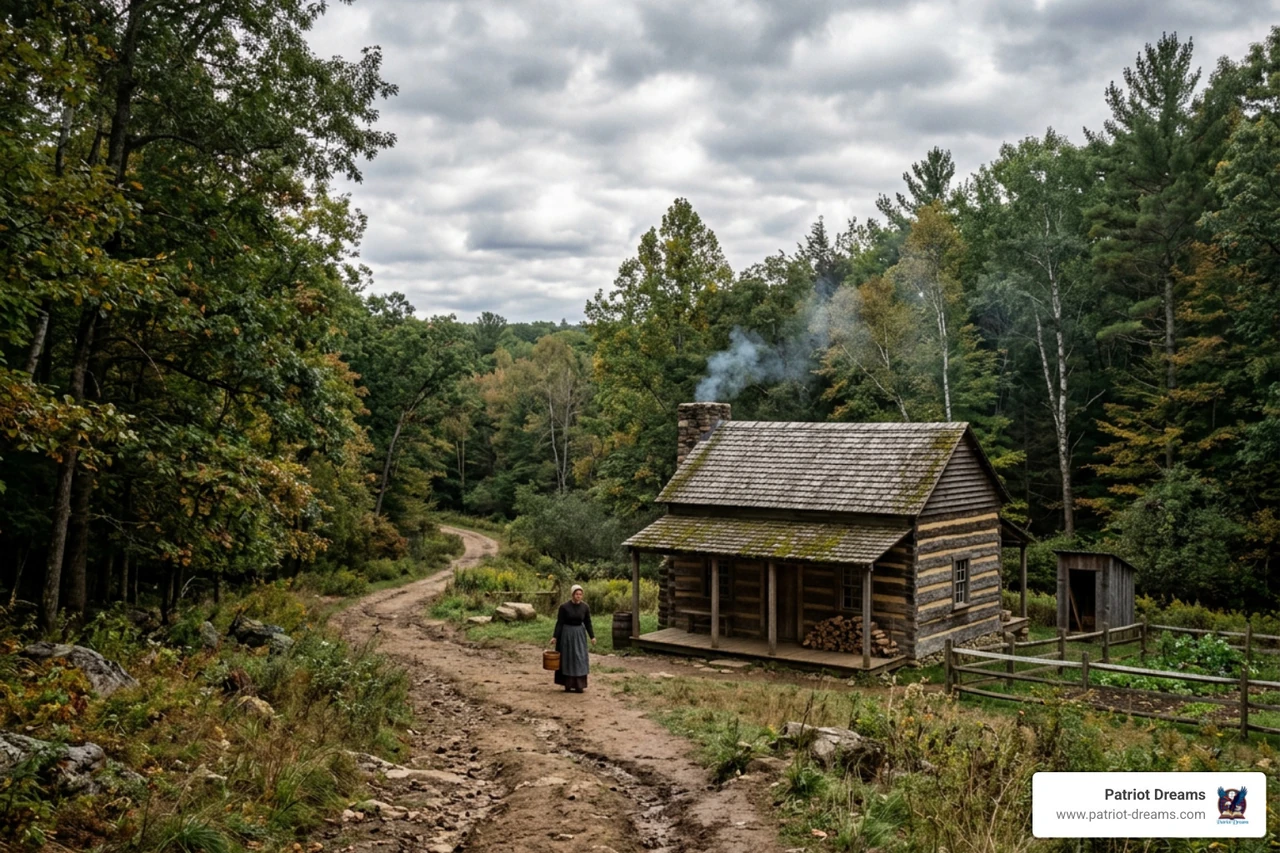 19th-century Ohio frontier landscape featuring forest and pioneer cabins