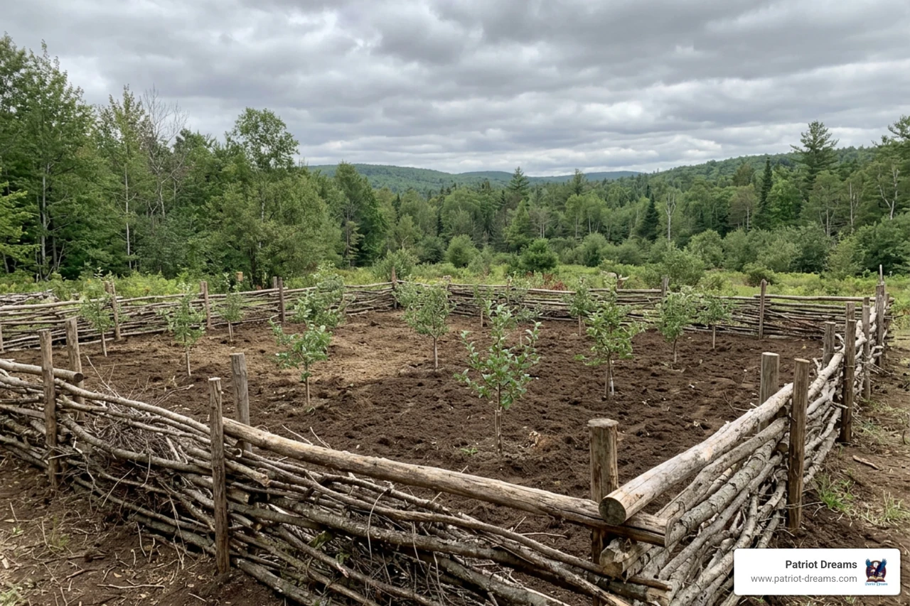Early American pioneer orchard plot surrounded by wooden brush fence