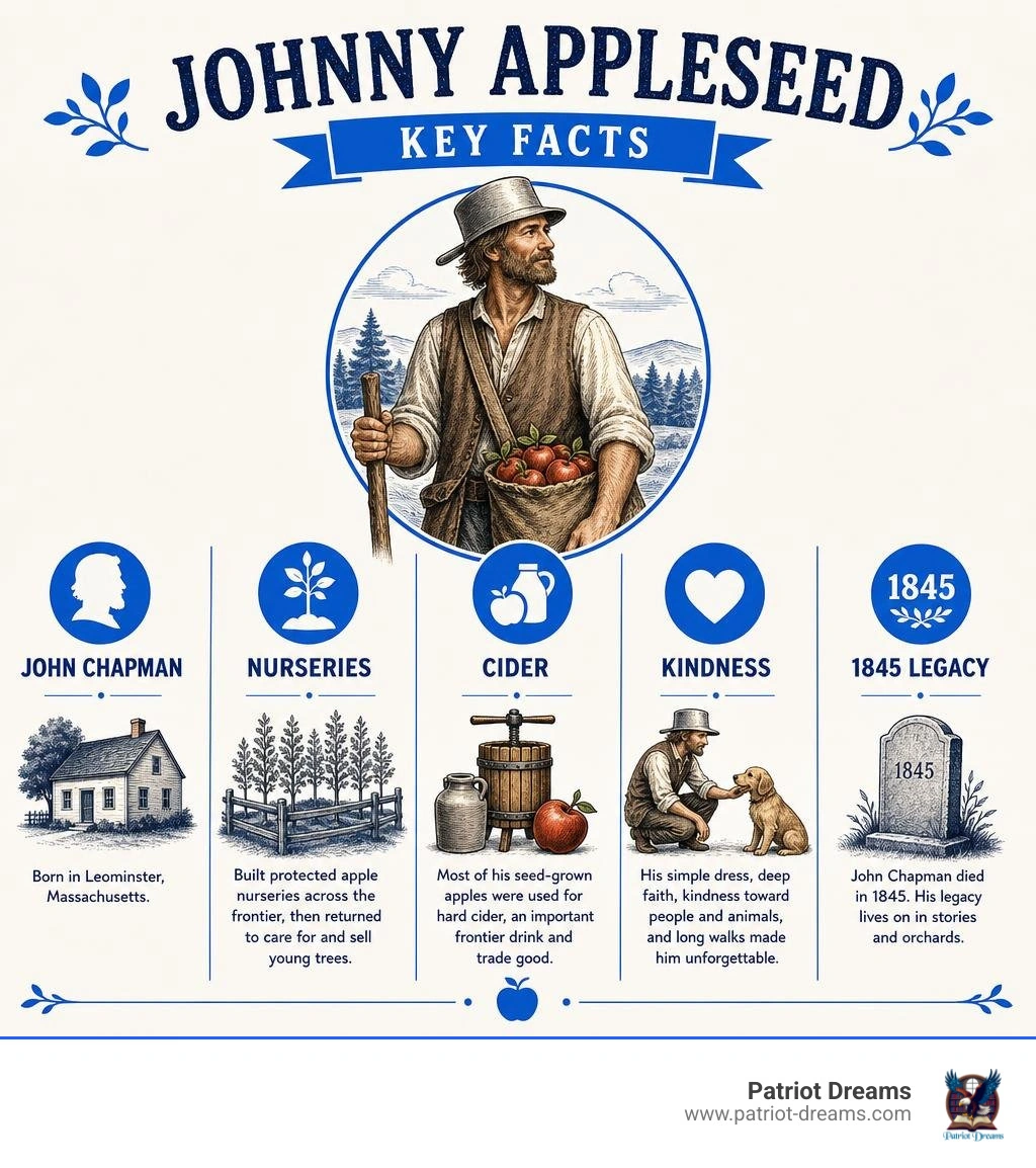 Johnny Appleseed key facts: John Chapman, nurseries, cider, kindness, and 1845 legacy infographic