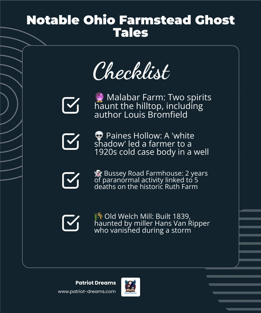 Ohio farmstead ghost tales overview infographic showing top hauntings, locations, and folklore themes infographic Ohio farmstead ghost tales overview infographic showing top hauntings, locations, and folklore themes infographic