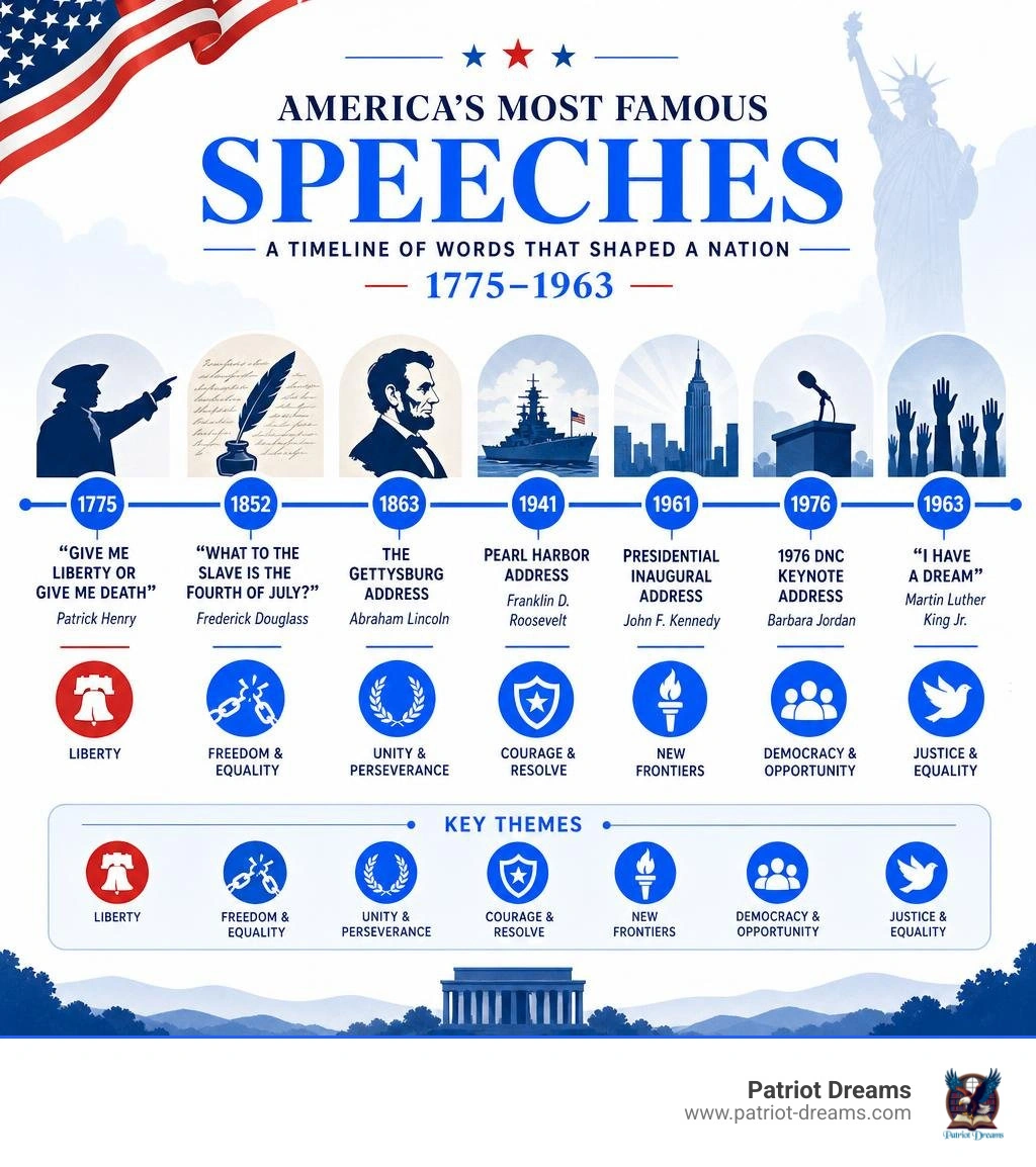 Timeline infographic of the most famous American speeches from 1775 to 1963 with key themes infographic Timeline infographic of the most famous American speeches from 1775 to 1963 with key themes infographic