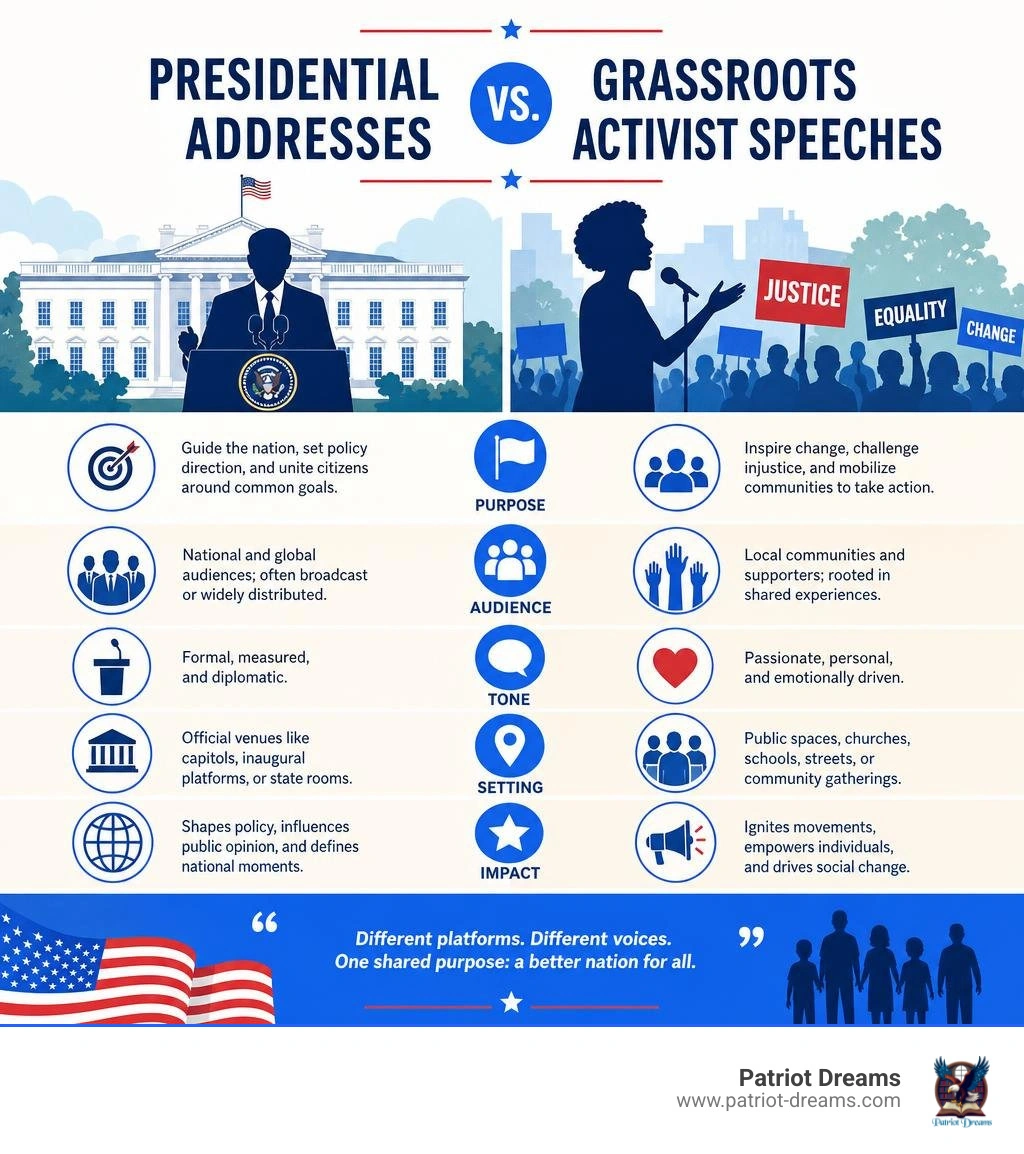 Comparison of presidential addresses and grassroots activist speeches infographic Comparison of presidential addresses and grassroots activist speeches infographic