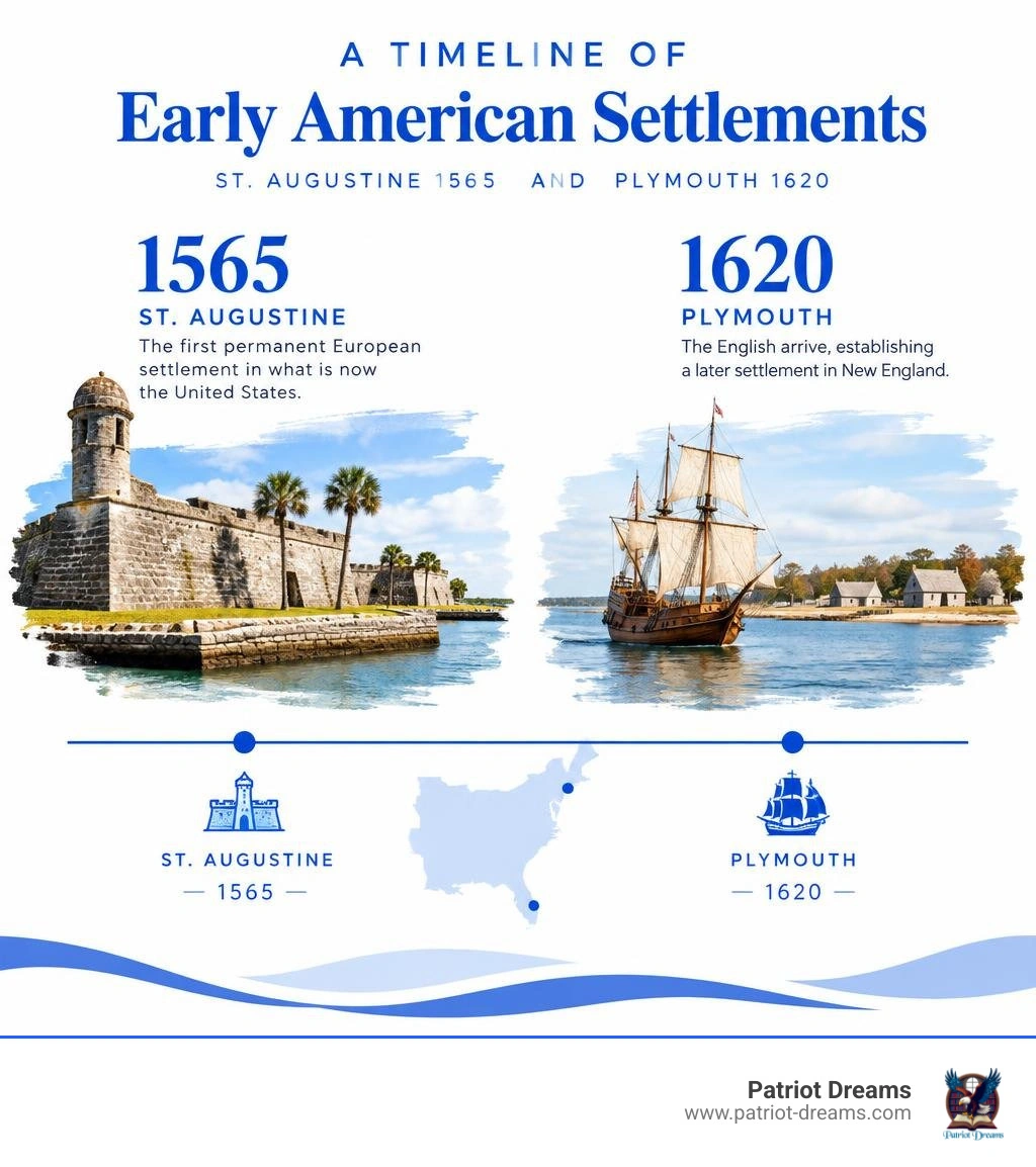 Timeline of St Augustine 1565 and Plymouth 1620 early American settlements infographic