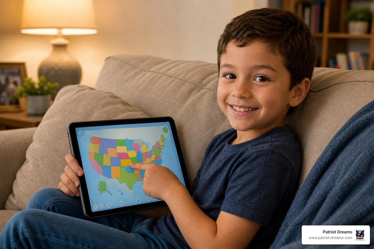 Child interacting with an American history map on a tablet Child interacting with an American history map on a tablet